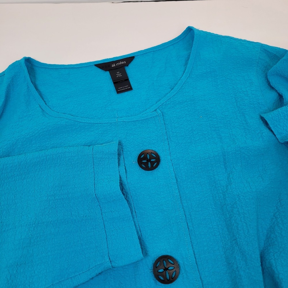 Ali Miles Blouse Women's 2X Blue Artsy Lagenlook Tunic Button Top Poly Rayon